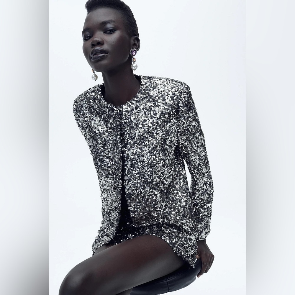 Zara Festive Sequin Jacket and Shorts in Silver and Black - Picture 13 of 16